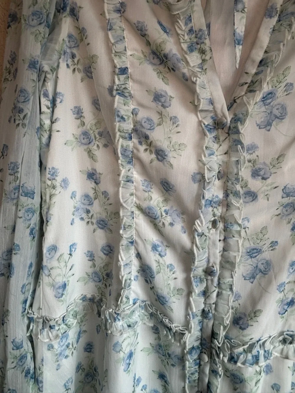 Rachel Parcell White Blue Floral Ruffle Sheer Long Sleeve Mini Dress M